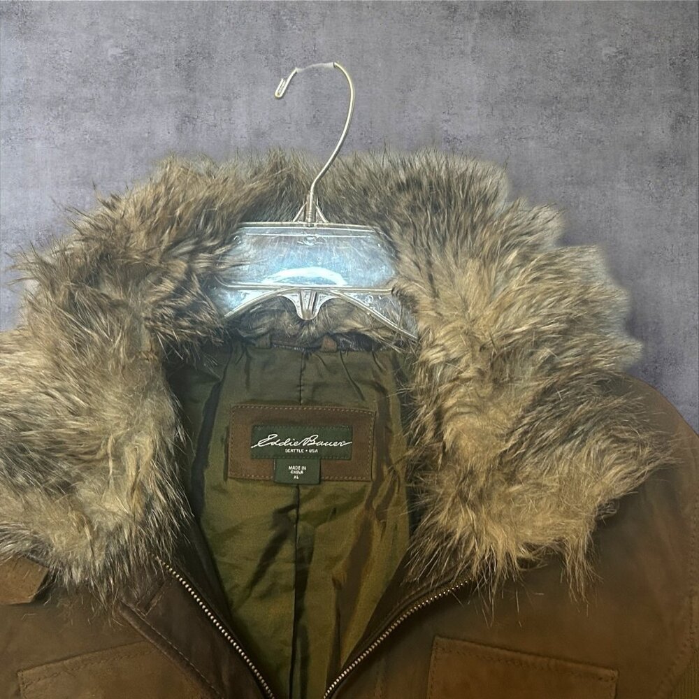 Cotton canvas field jacket w/ faux fur collar HIDDEN rain hoodie Eddie BAUER XL - Picture 3 of 16